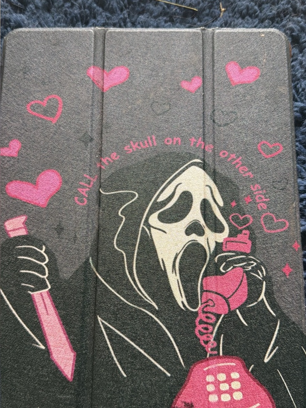 Apple Black Tablet Case with Pink Horror Skull & Hearts Design